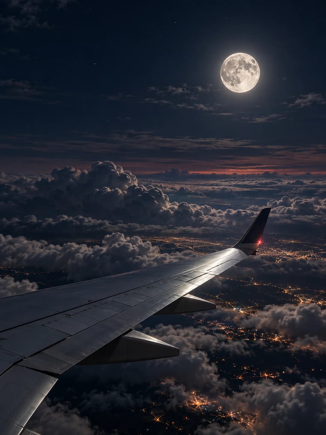 A moonlit airplane wing above silver clouds and distant city lights.